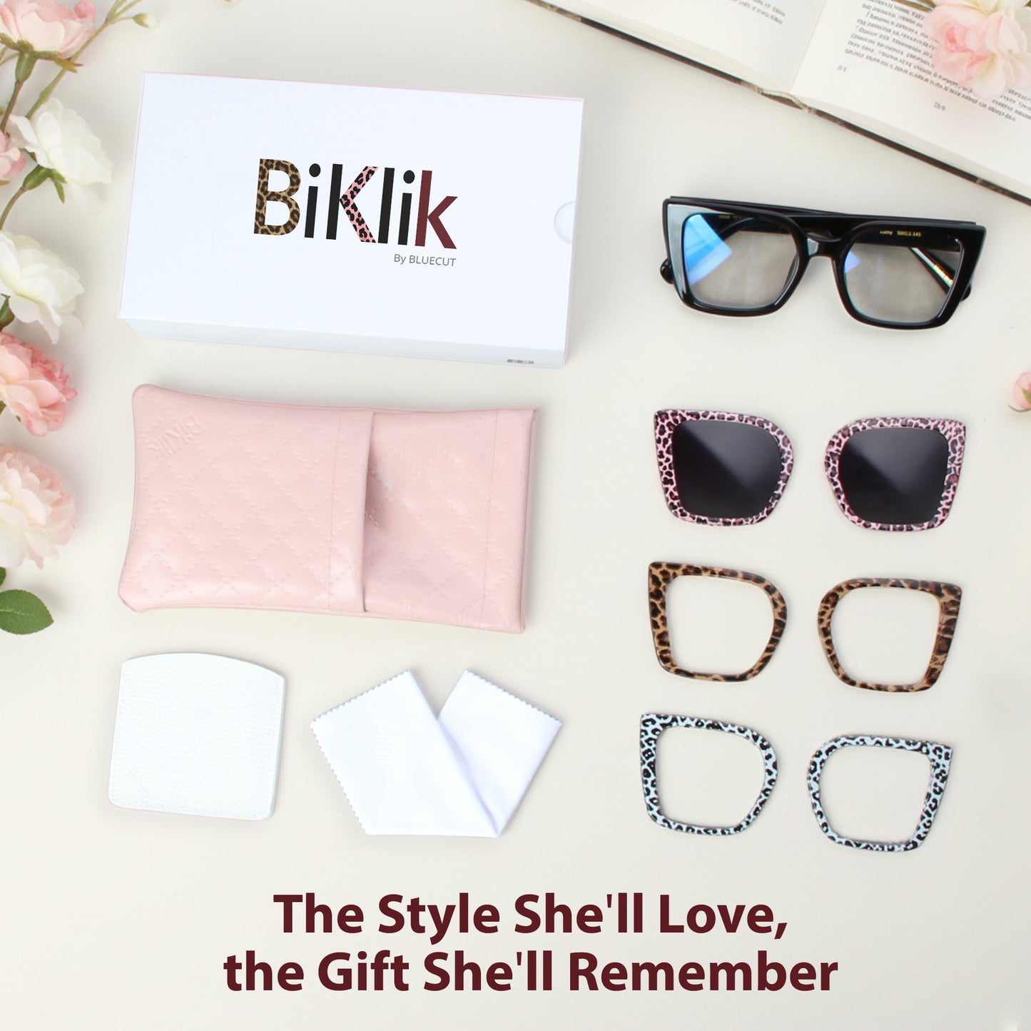 Sunglasses and sunglasses frames with 'Biklik' branding on a light surface.