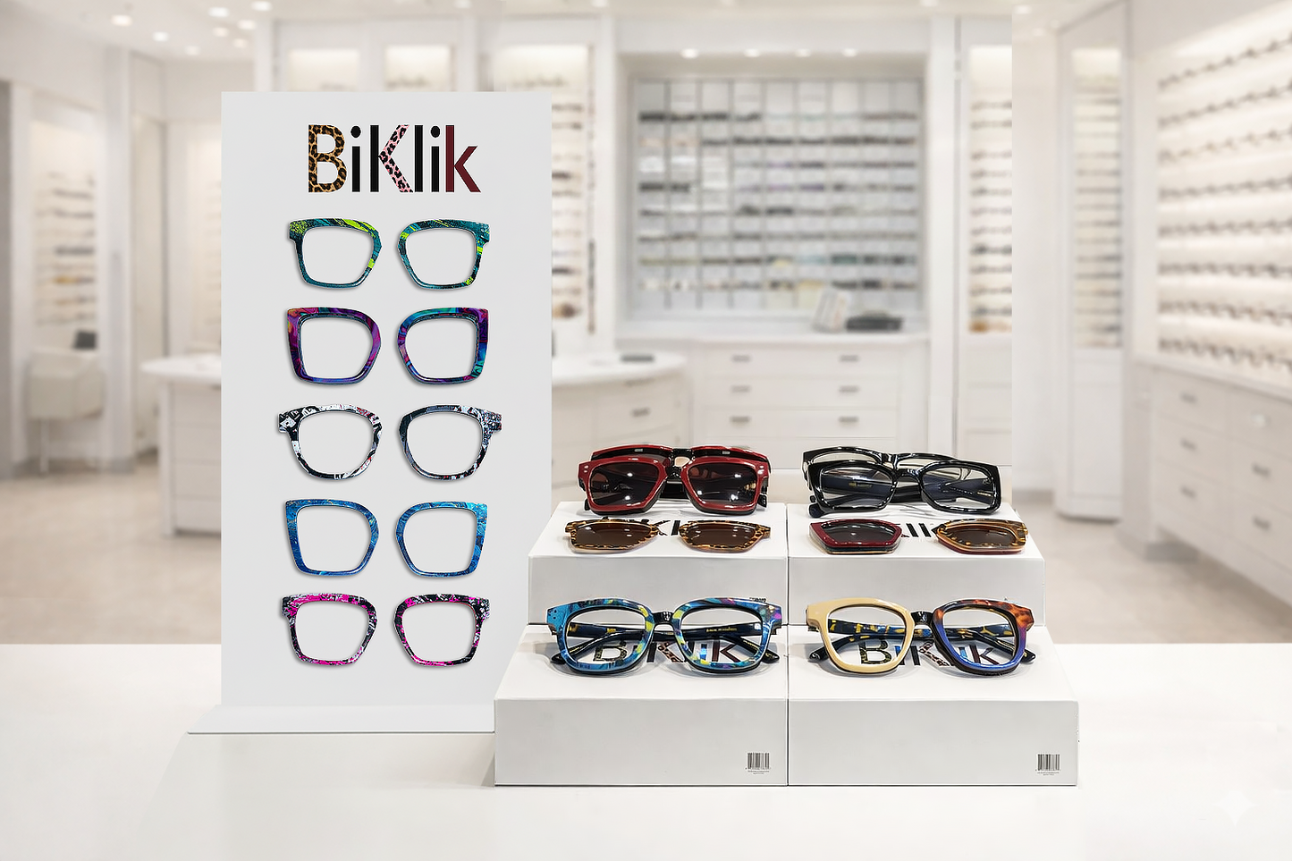Display of colorful eyeglasses with a 'Biklik' sign in an optometry store.