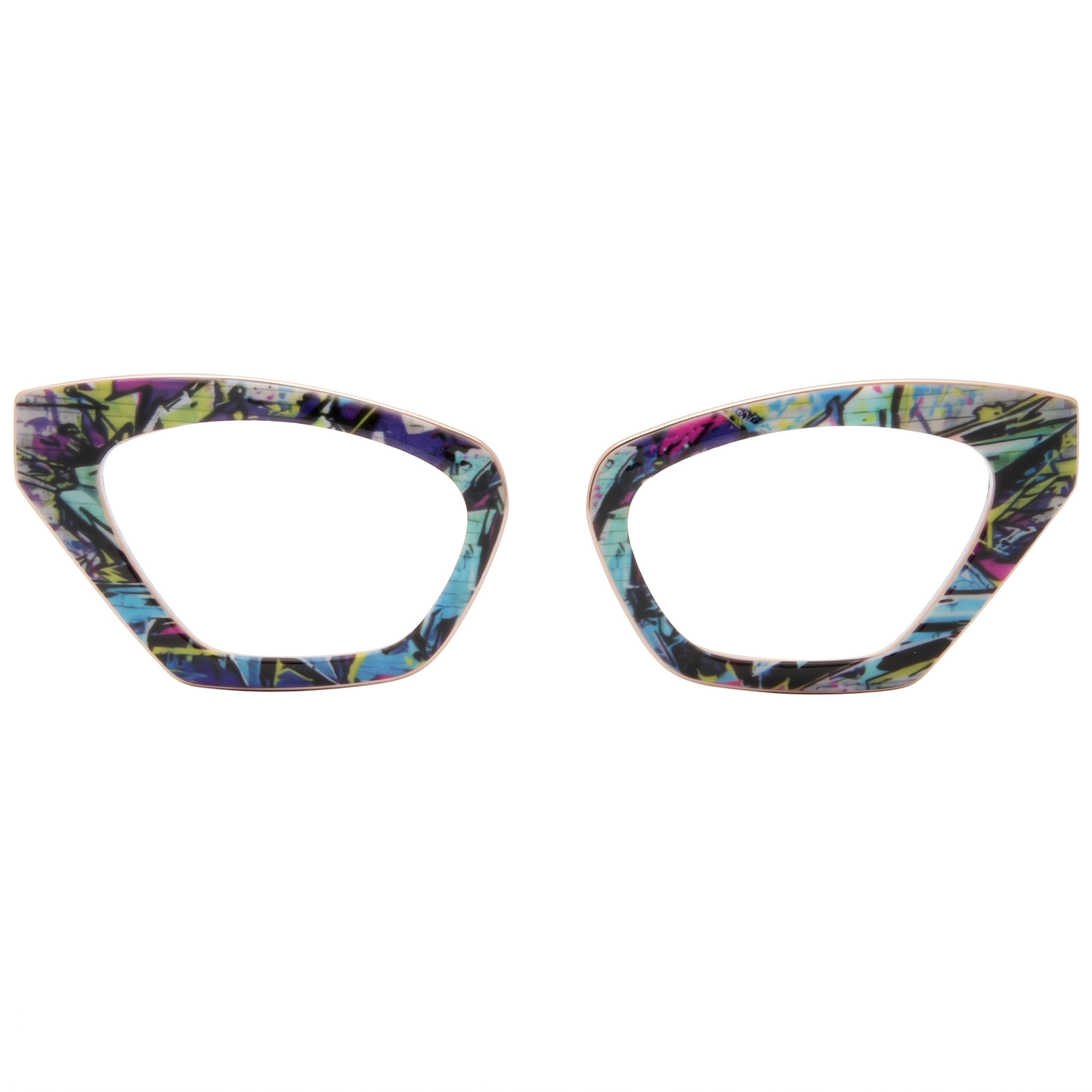 Pair of colorful cat-eye glasses on a white background