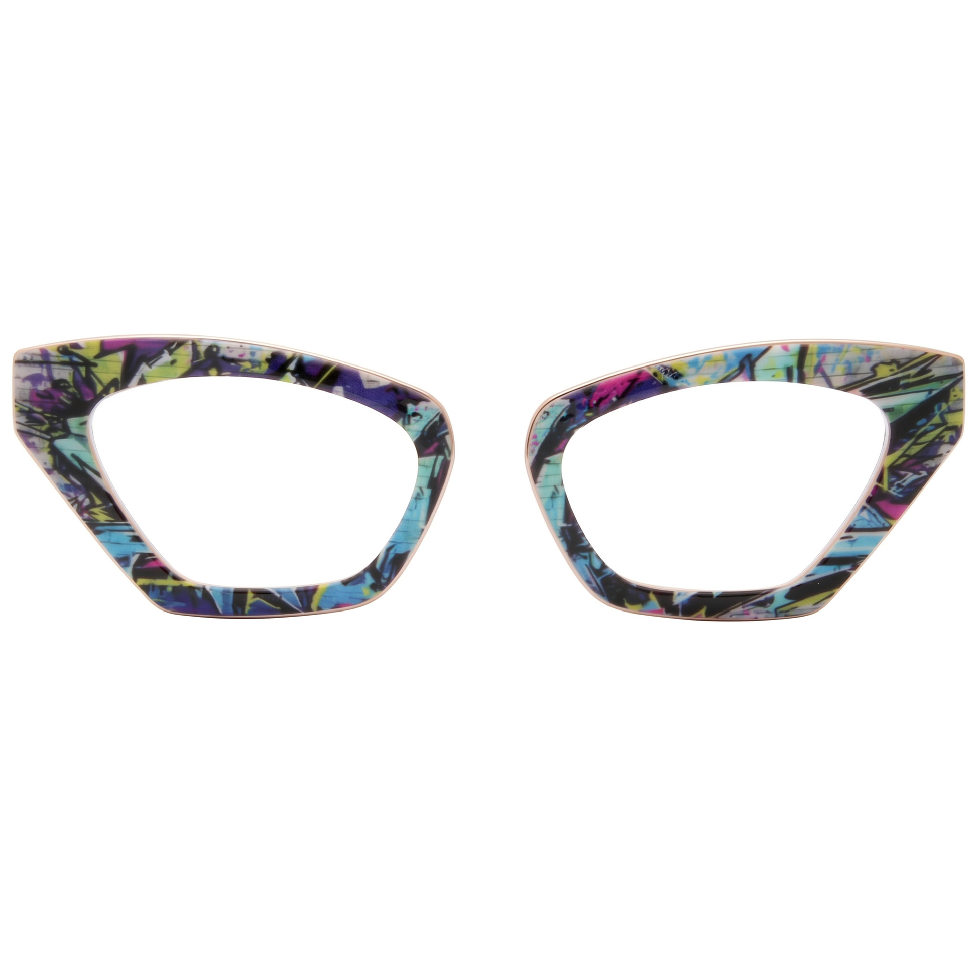 Pair of colorful cat-eye glasses on a white background