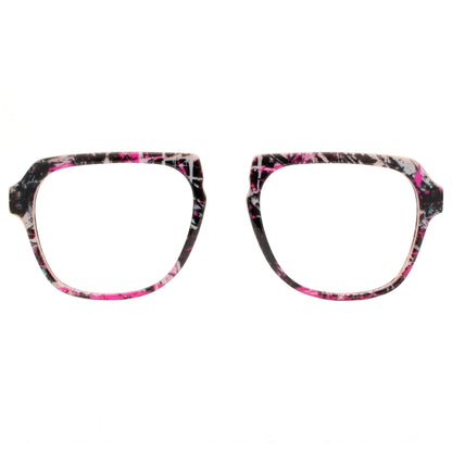 Pair of eyeglasses with a pink and black floral pattern on a white background