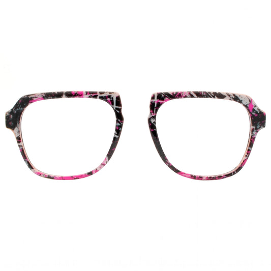 Pair of eyeglasses with a pink and black floral pattern on a white background