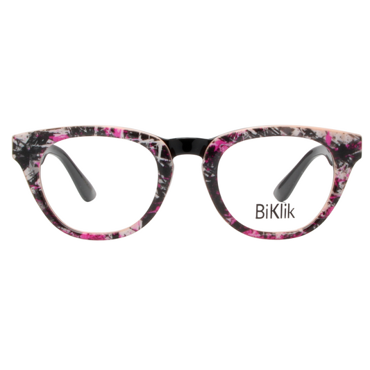 Floral patterned eyeglasses with 'BiKlik' branding on a white background