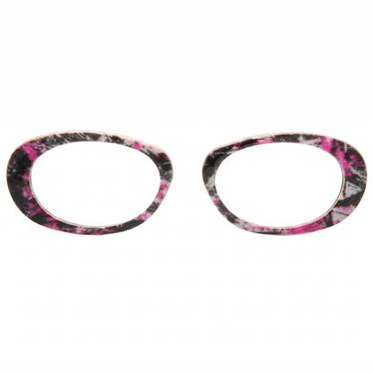 Pair of eyeglass frames with a pink and black pattern on a white background