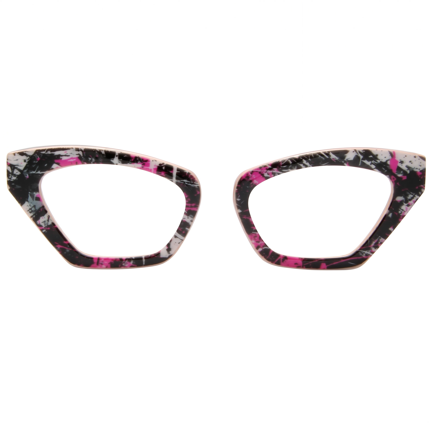 Cat-eye glasses with a black, pink, and white pattern on a white background