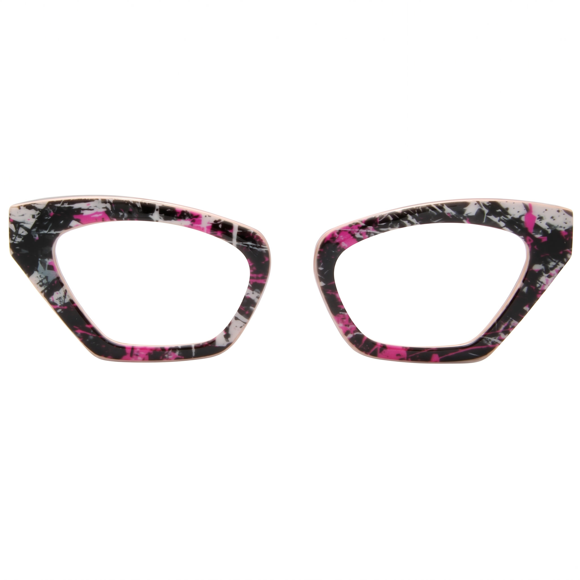 Cat-eye glasses with a black, pink, and white pattern on a white background