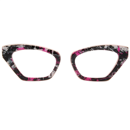 Cat-eye glasses with a black, pink, and white pattern on a white background
