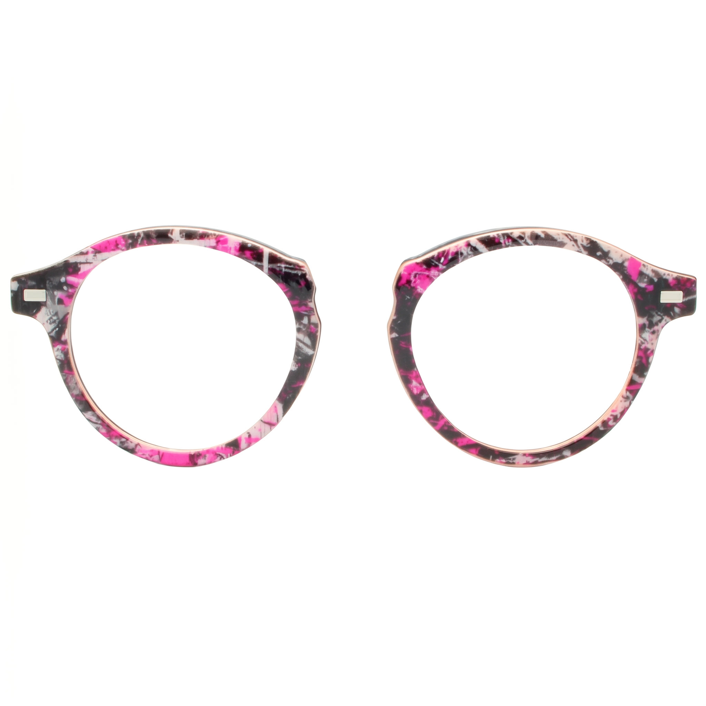 Round eyeglasses with a pink and black floral pattern on a white background