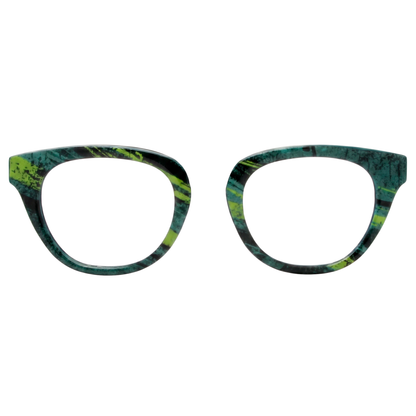 Cat-eye glasses with a green and black pattern on a white background