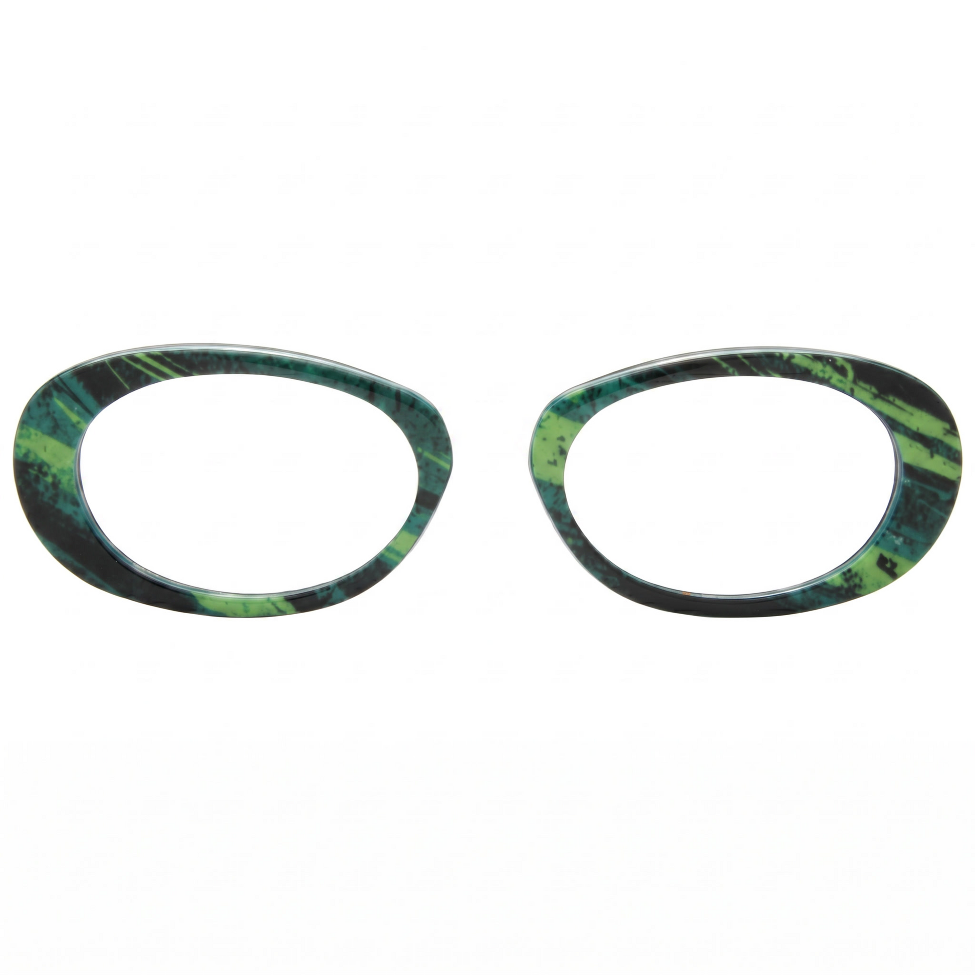 Two green and black patterned circular objects on a white background