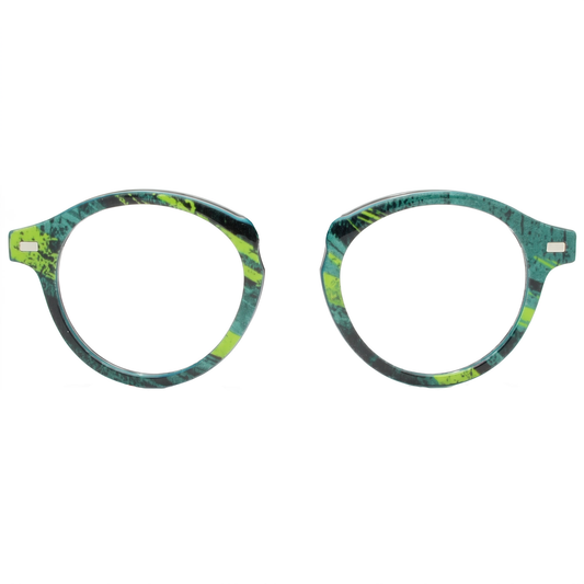 Green and blue patterned eyeglasses on a white background
