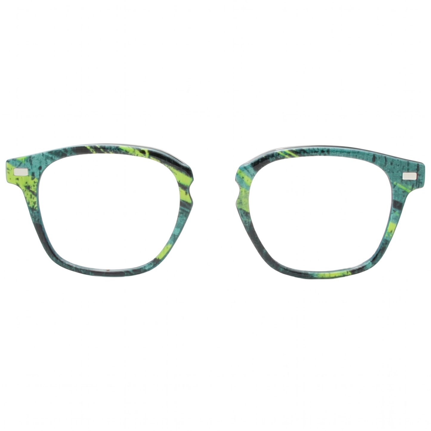 Pair of eyeglasses with a colorful pattern on a white background