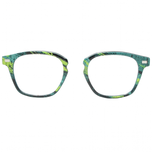 Pair of eyeglasses with a colorful pattern on a white background