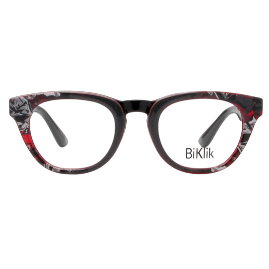 Cat-eye glasses with floral pattern on a white background, featuring the brand 'BiKlik'.