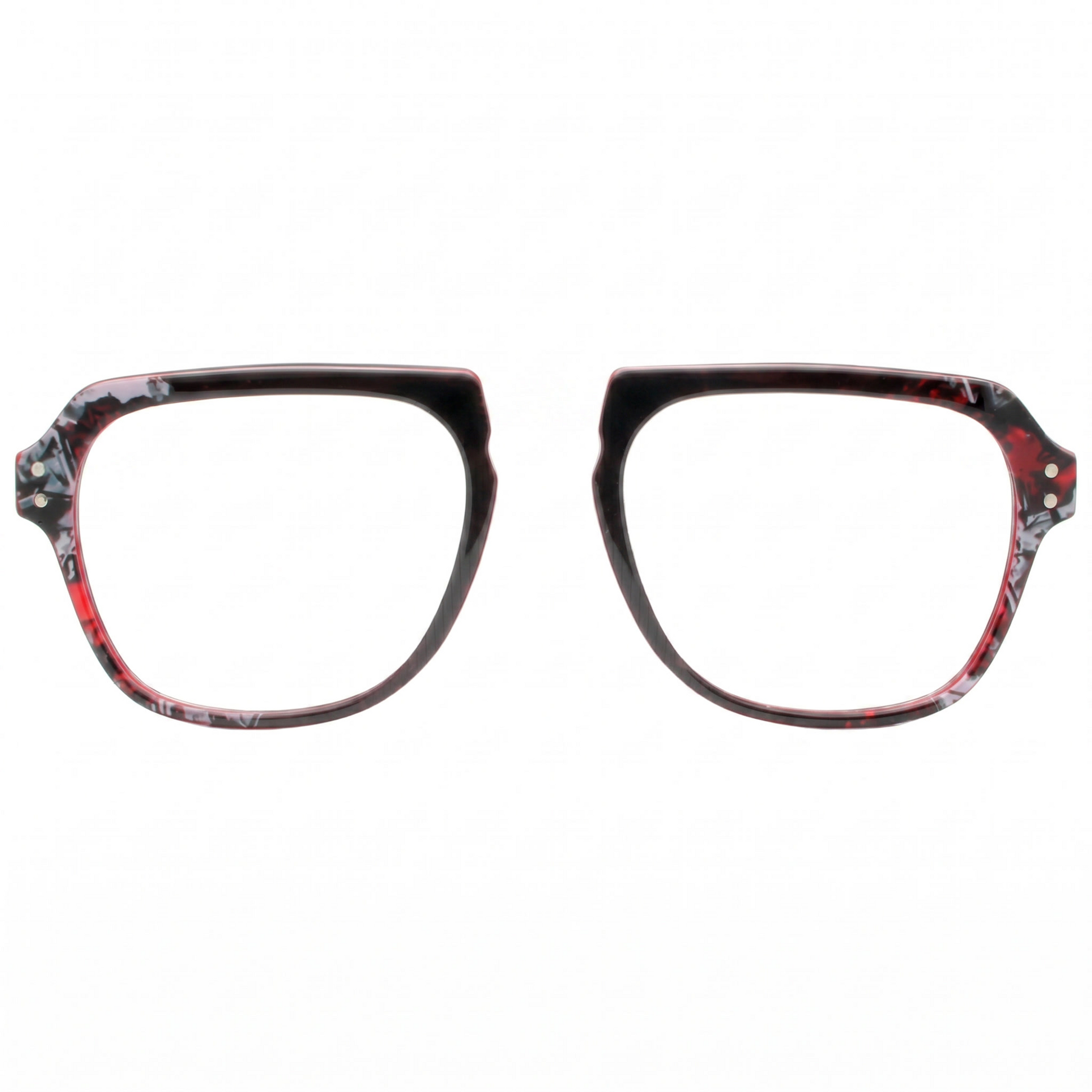 Pair of eyeglasses with a red and black pattern on a white background