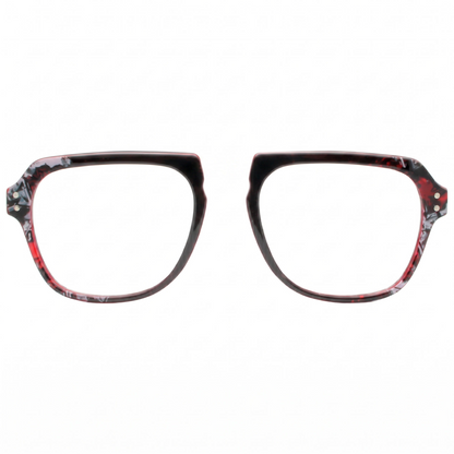 Pair of eyeglasses with a red and black pattern on a white background