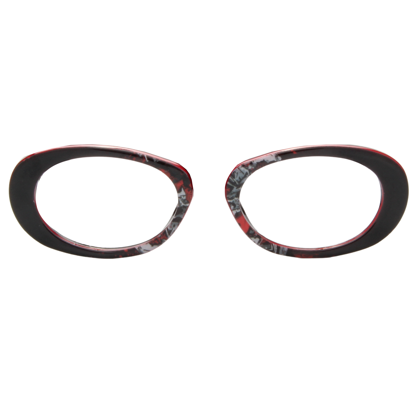 Black and red eyeglass frames on a white background