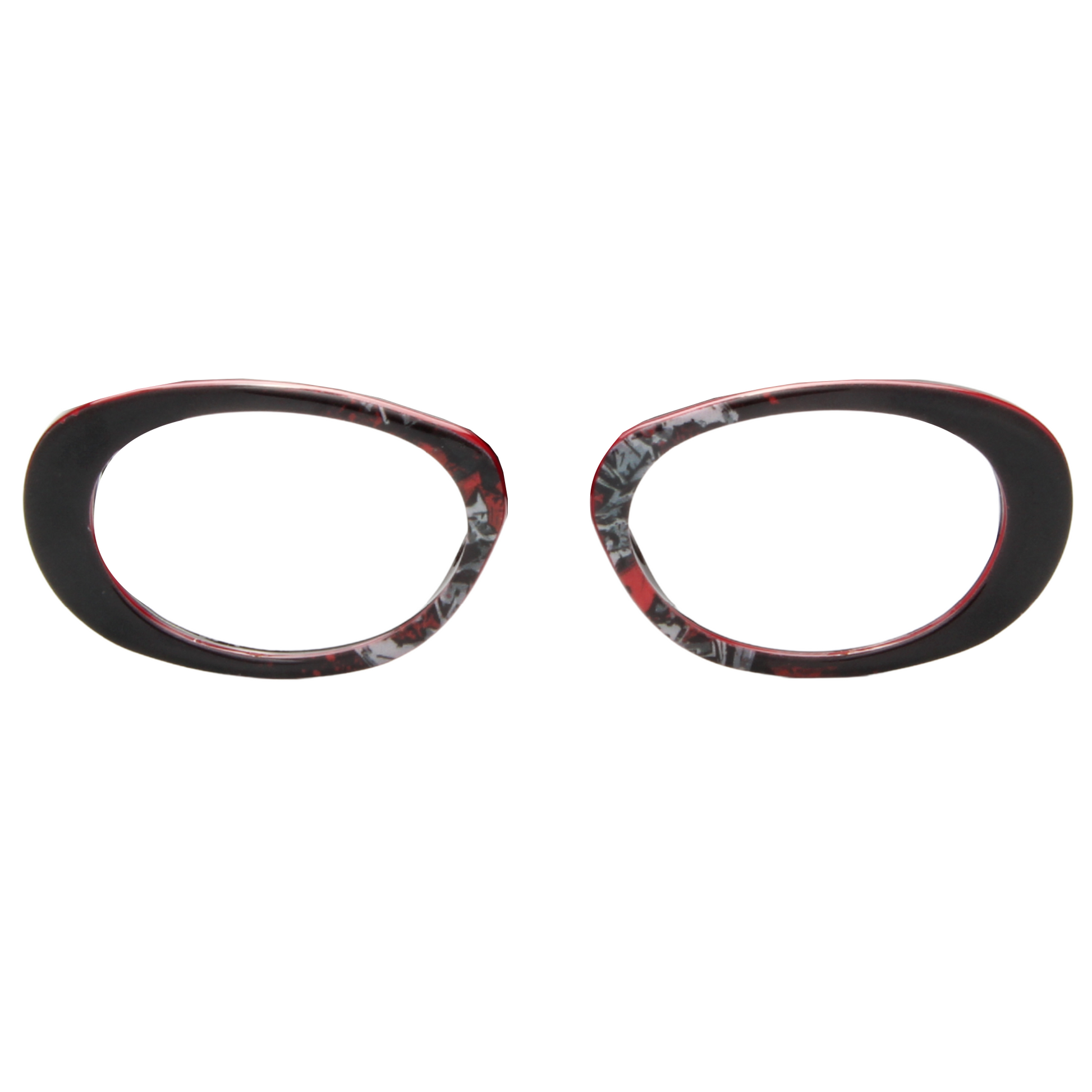 Black and red eyeglass frames on a white background