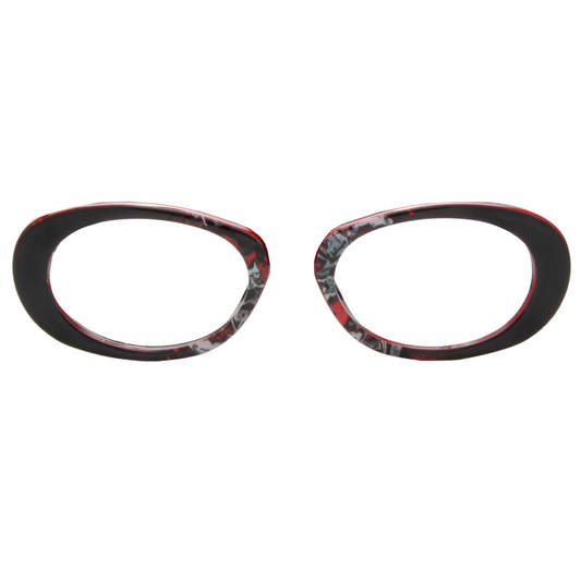 Black and red eyeglass frames on a white background