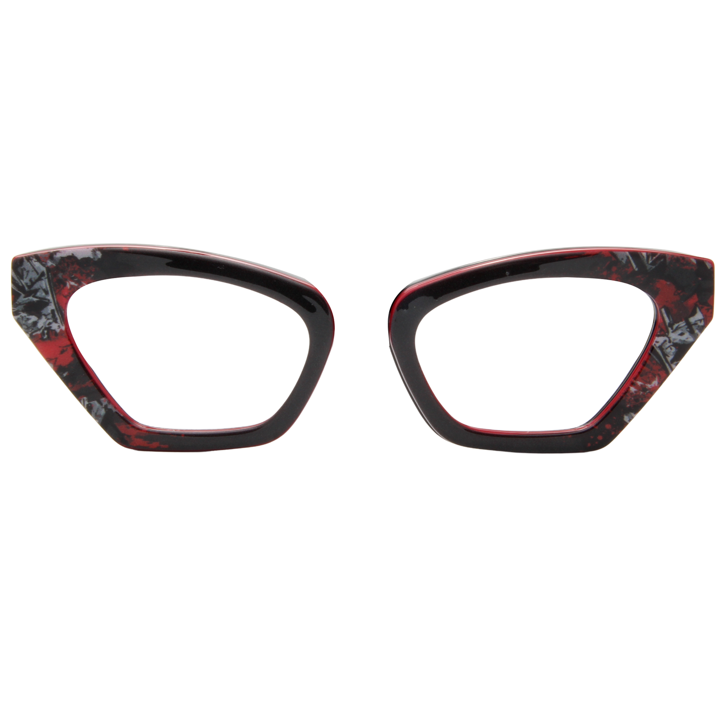 Cat-eye glasses with red and black pattern on a white background