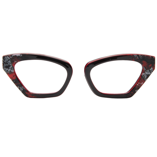 Cat-eye glasses with red and black pattern on a white background
