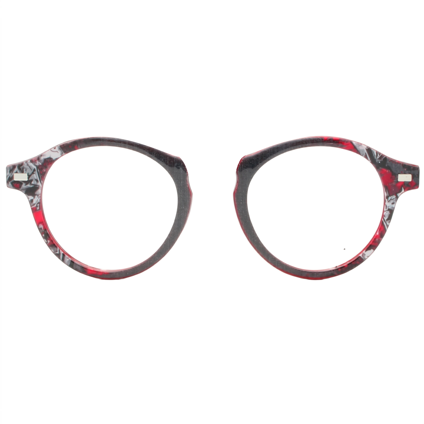 Pair of round eyeglasses with a floral pattern on a white background