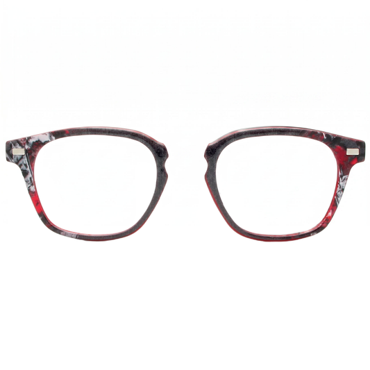 Pair of red and black patterned eyeglasses on a white background