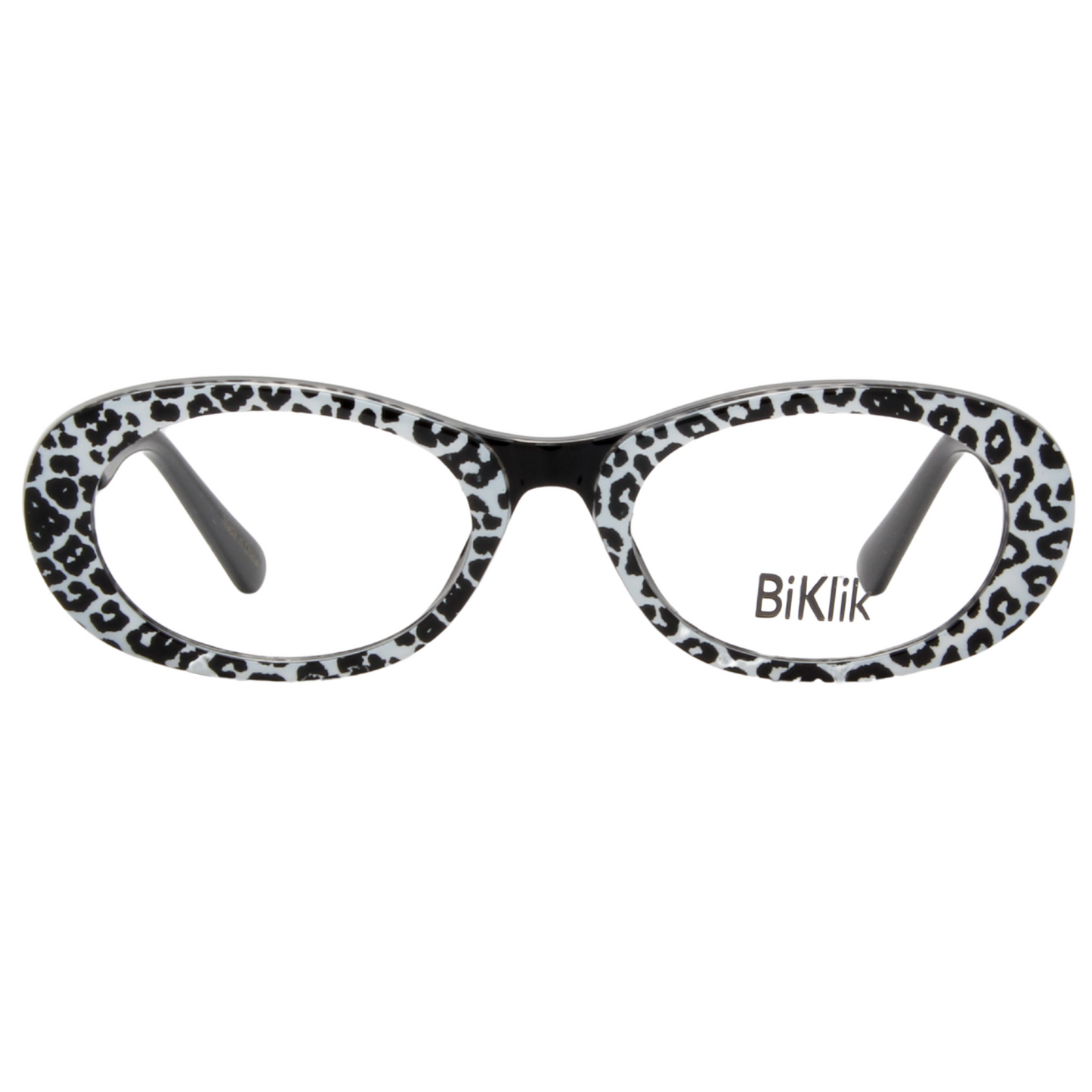 Leopard print eyeglass frames with 'Biklik' branding on a white background