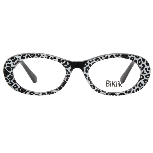 Leopard print eyeglass frames with 'Biklik' branding on a white background