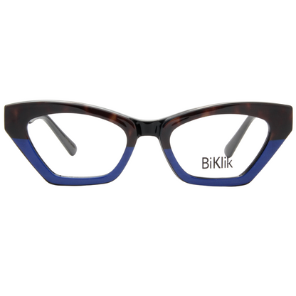 Cat-eye glasses with tortoiseshell frame and blue accents on a white background, featuring the brand 'BiKlik'.