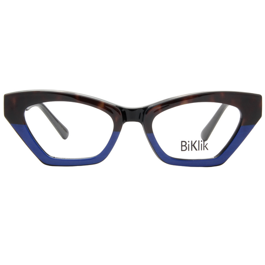 Cat-eye glasses with tortoiseshell frame and blue accents on a white background, featuring the brand 'BiKlik'.