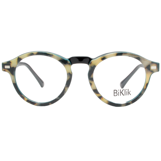Round eyeglasses with a tortoiseshell pattern on a white background, featuring the brand 'BiKlik'.