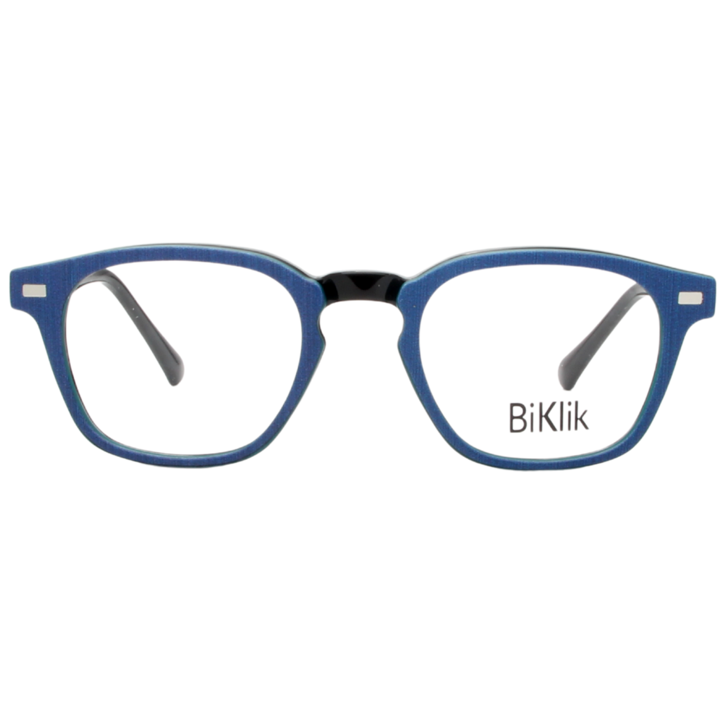 Blue eyeglasses with black accents on a white background, featuring the brand 'BiKlik'.