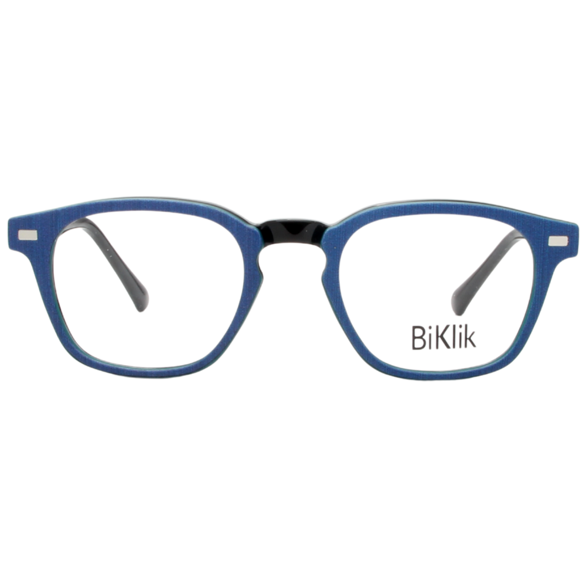 Blue eyeglasses with black accents on a white background, featuring the brand 'BiKlik'.