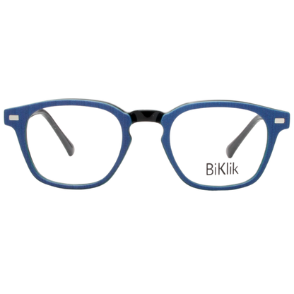 Blue eyeglasses with black accents on a white background, featuring the brand 'BiKlik'.