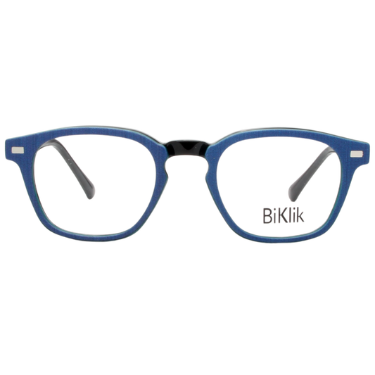 Blue eyeglasses with black accents on a white background, featuring the brand 'BiKlik'.