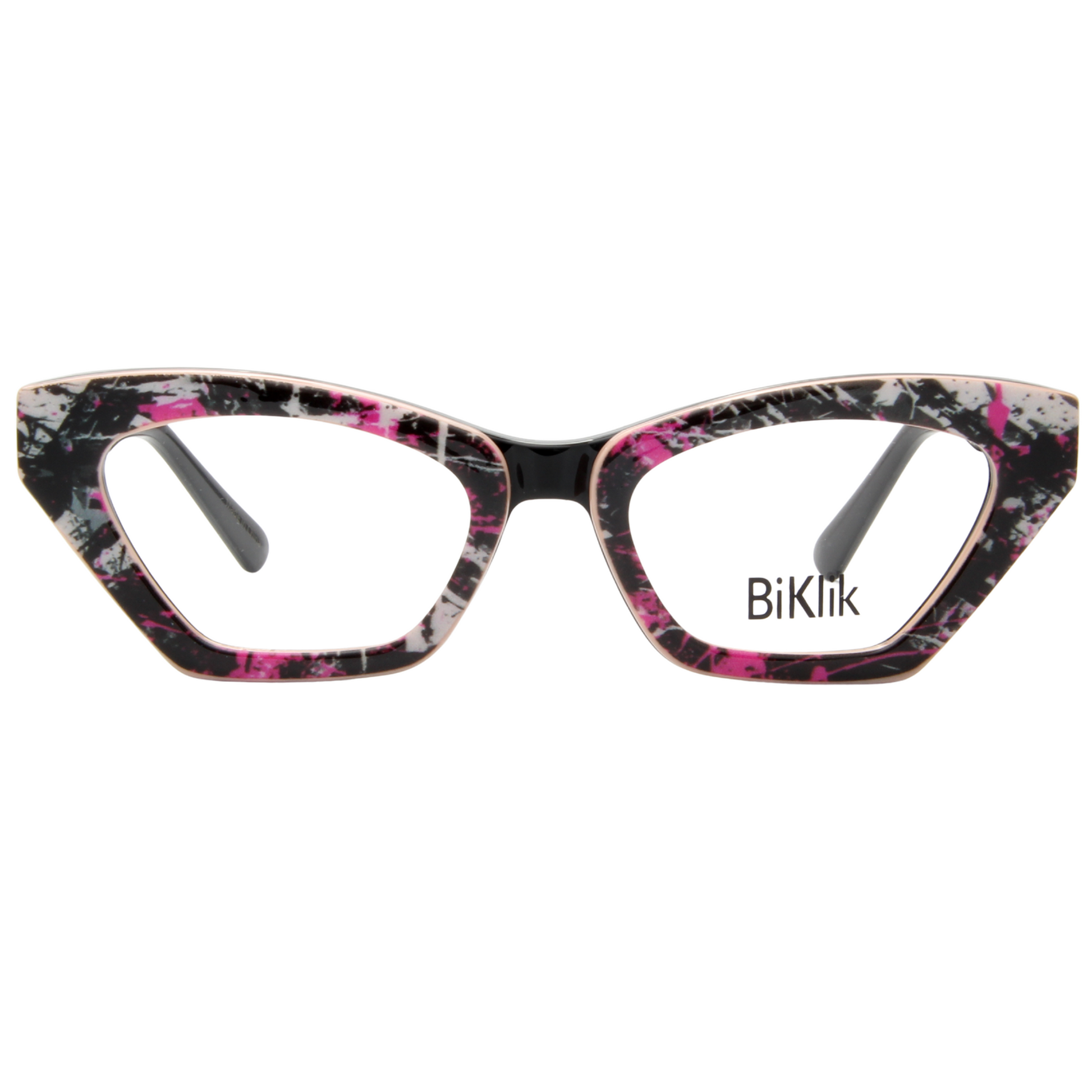 Cat-eye glasses with floral pattern and 'BiKlik' branding on a white background