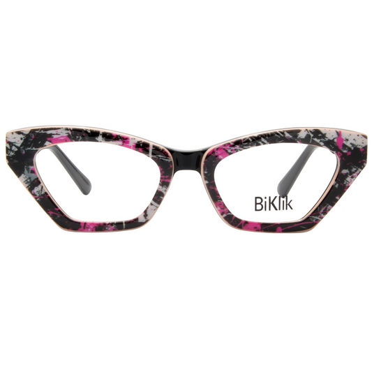 Cat-eye glasses with floral pattern and 'BiKlik' branding on a white background