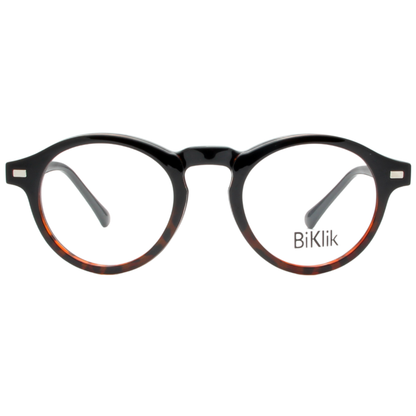 Round eyeglasses with black and red frame on a white background, featuring the brand 'BiKlik'.