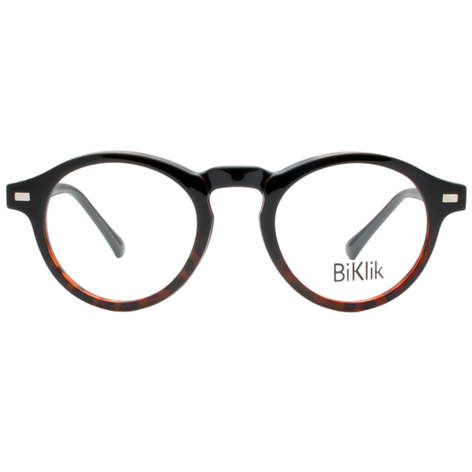 Round eyeglasses with black and red frame on a white background, featuring the brand 'BiKlik'.