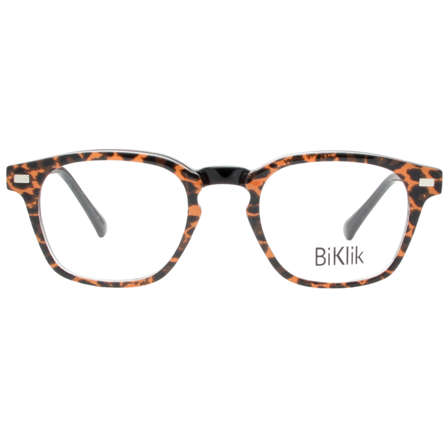 Leopard print eyeglasses with 'BiKlik' branding on a white background