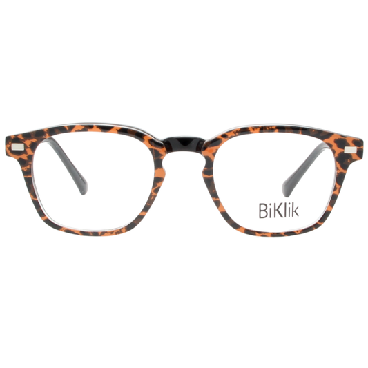 Leopard print eyeglasses with 'BiKlik' branding on a white background