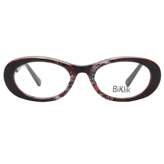Black and red floral-patterned eyeglasses with 'BiKlik' branding on a white background