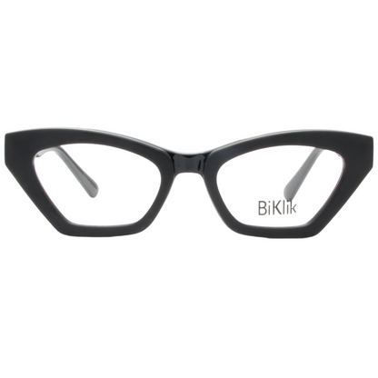 Black cat-eye glasses with 'BiKlik' branding on a white background