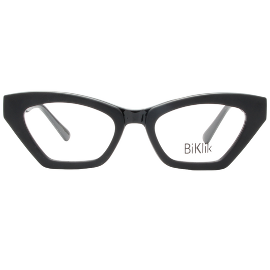 Black cat-eye glasses with 'BiKlik' branding on a white background