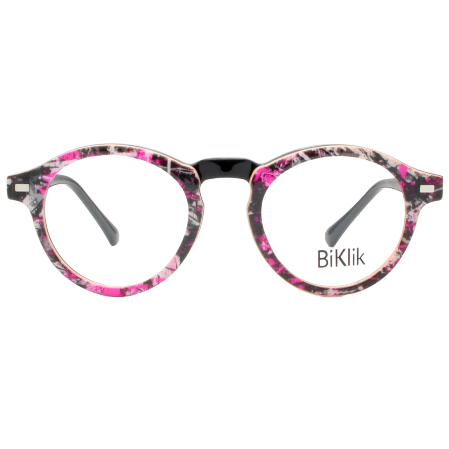 Round eyeglasses with pink and black floral pattern on a white background, featuring the brand 'BiKlik'.