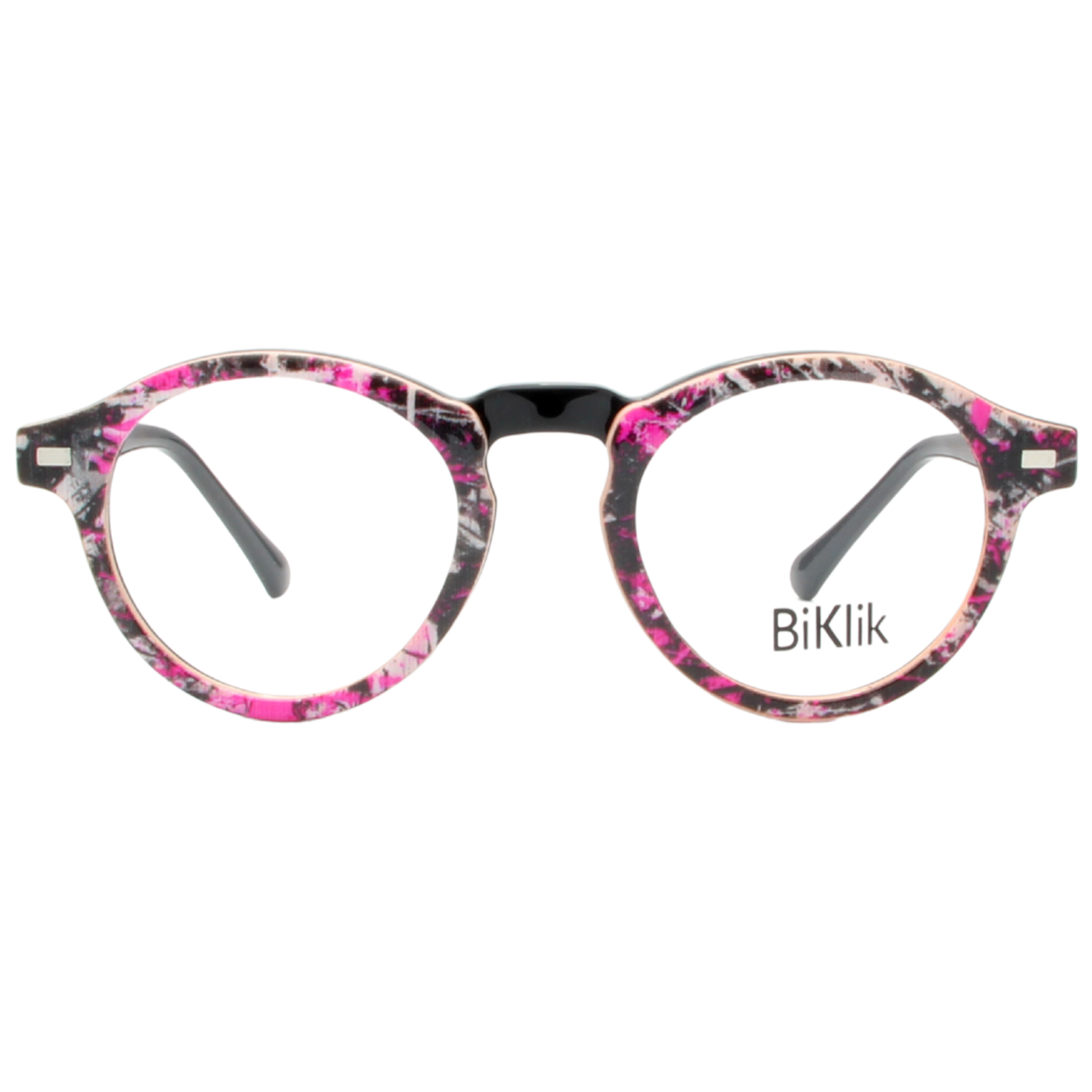 Round eyeglasses with pink and black floral pattern on a white background, featuring the brand 'BiKlik'.