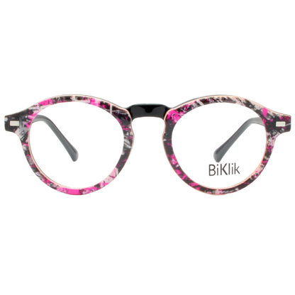Round eyeglasses with pink and black floral pattern on a white background, featuring the brand 'BiKlik'.