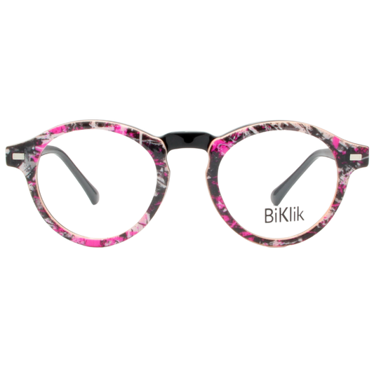 Round eyeglasses with pink and black floral pattern on a white background, featuring the brand 'BiKlik'.