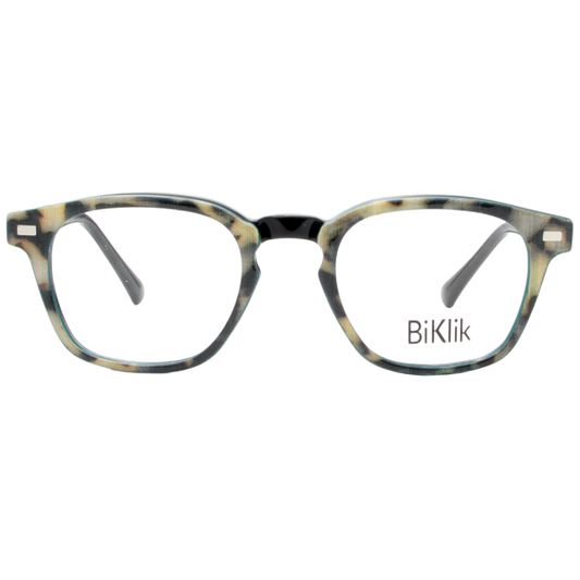 Tortoiseshell cat-eye glasses with 'BiKlik' branding on a white background